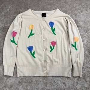 Aaeda Cream Knit Cardigan Sweater Floral Tulip Applique Button Front Size L